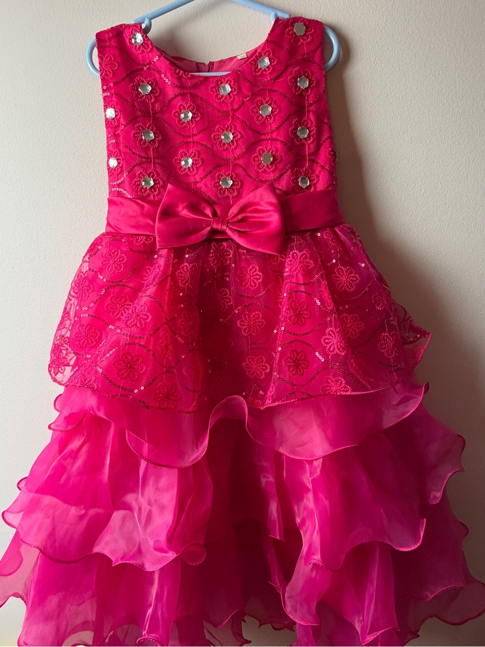Girls Hot Pink Sequin Bow Layered Party Dress